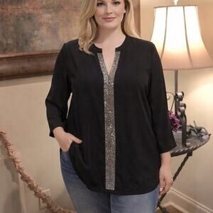 Vision 155 Women’s Black Blouse XL EUC Sequin V-Neck 3/4 Sleeve